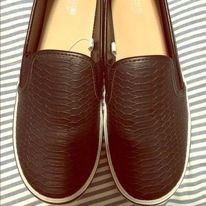 Black snake skin slip ons