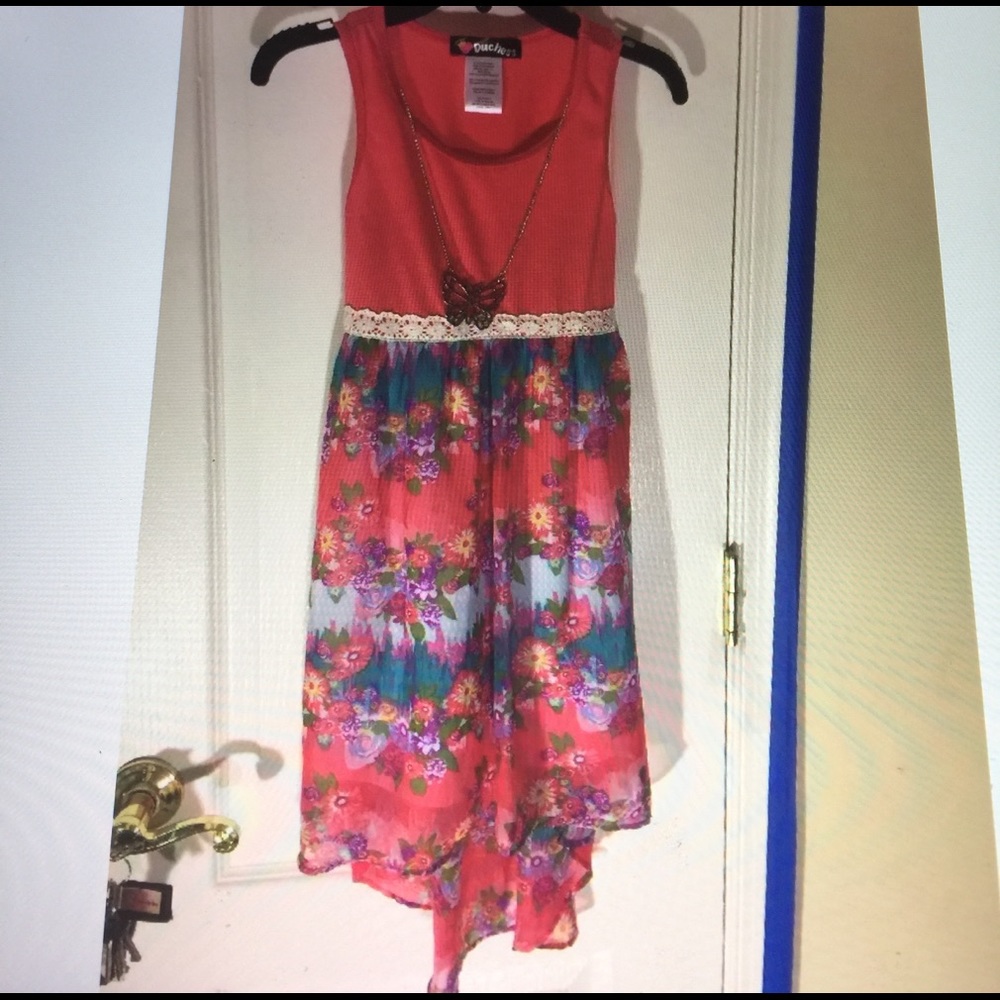 Duchess Sleeveless coral floral print hi Lo dress