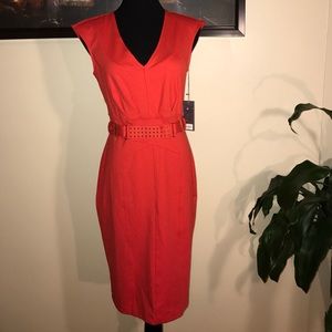 Orange Jennifer Lopez vneck back zip midi dress