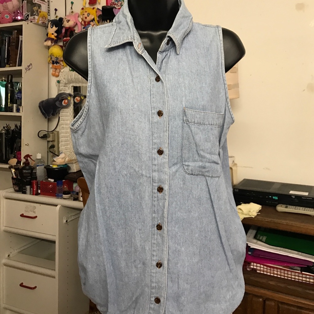 Denim Sleeveless Top Collar Shirt Button Down