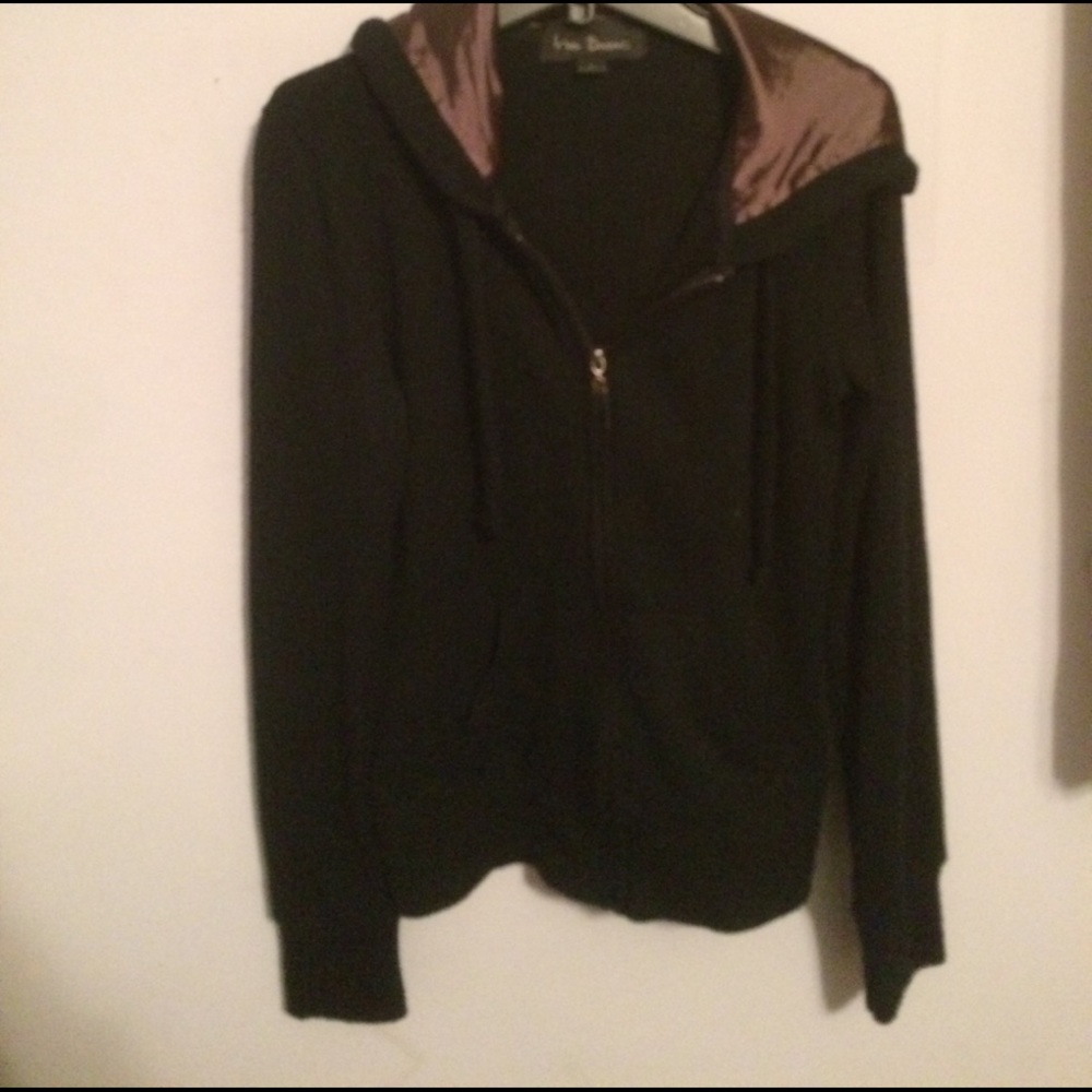 Black zip up hoodie sweater with purple satin hood