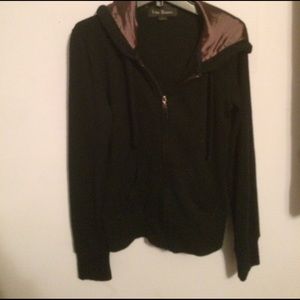 Black zip up hoodie sweater with purple satin hood