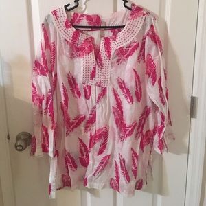 White and pink feather shirt