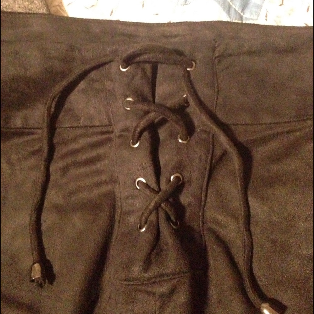 NWOT high rise lace up black suede bell bottoms