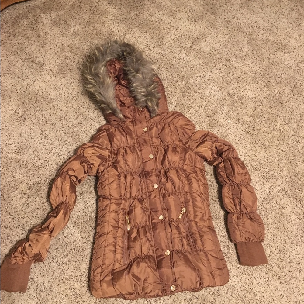 Brown winter coat with faux fur hood