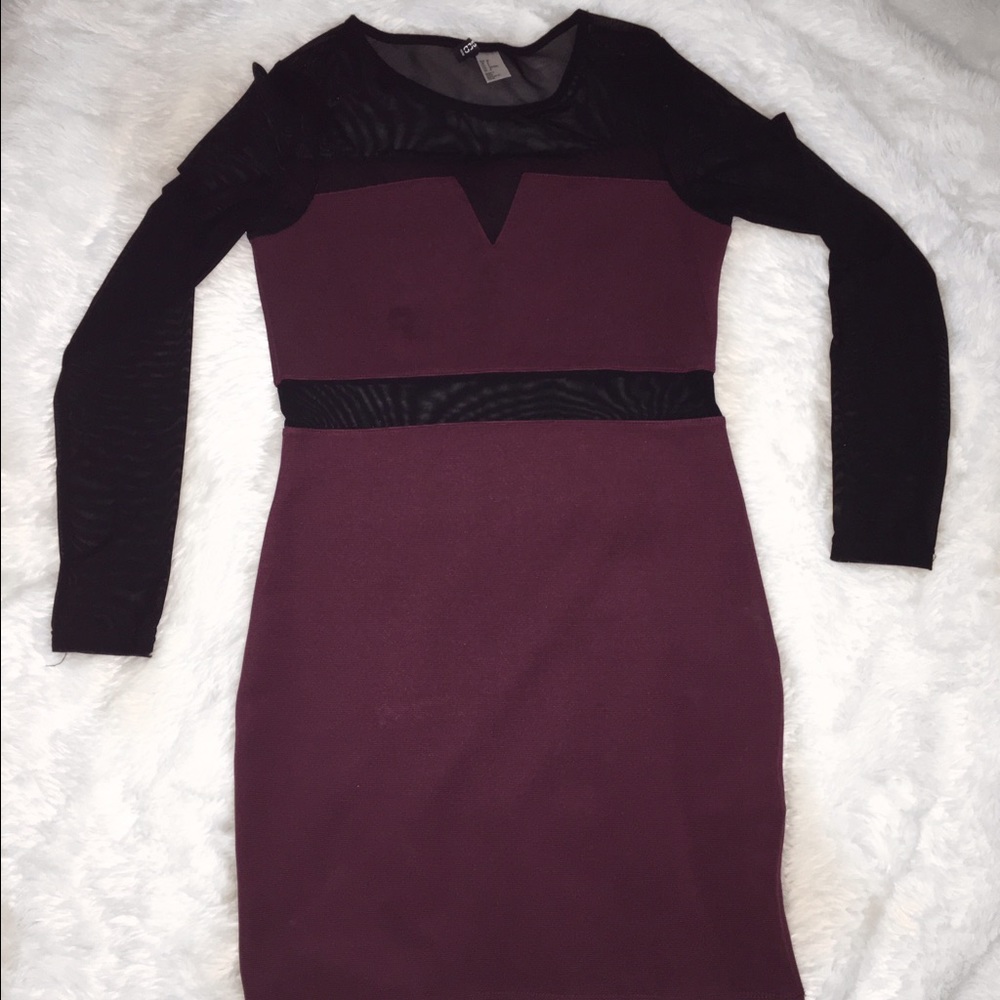Purple and black sheer sleeve body con dress
