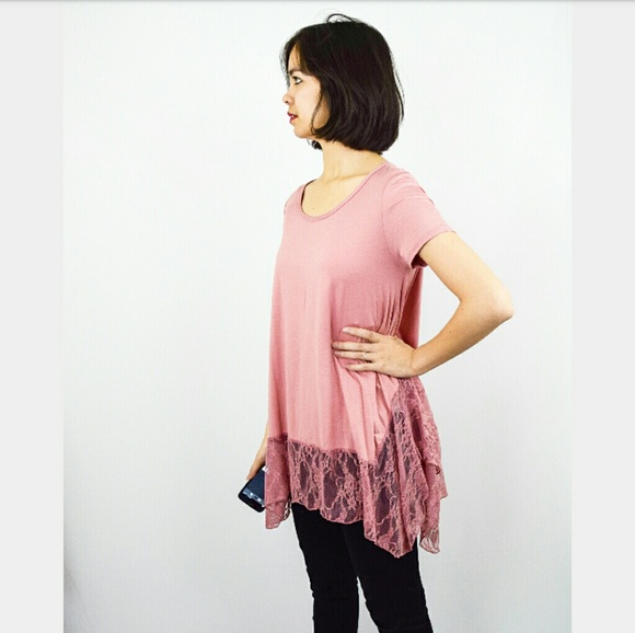 Evelynn's Boutique Tops - Dusty Rose Pastel Tunic Lace Trim Bottom