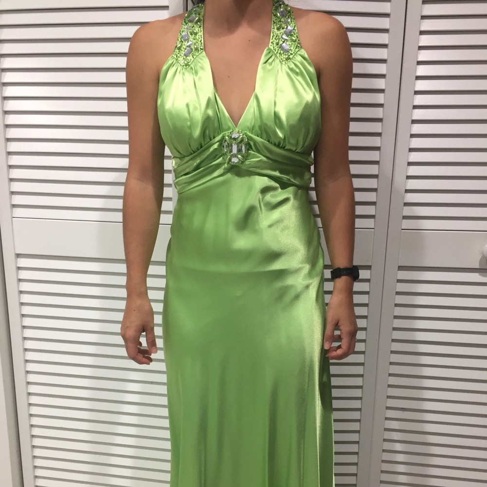 Lime green halter dress with beads and sequins