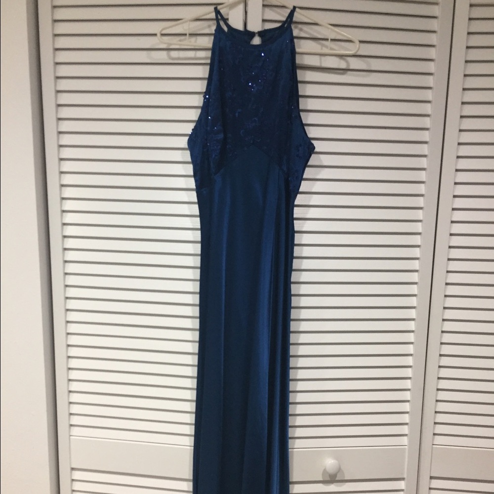 Dark blue floor length dress with embroidery