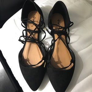 Black ankle tie flats