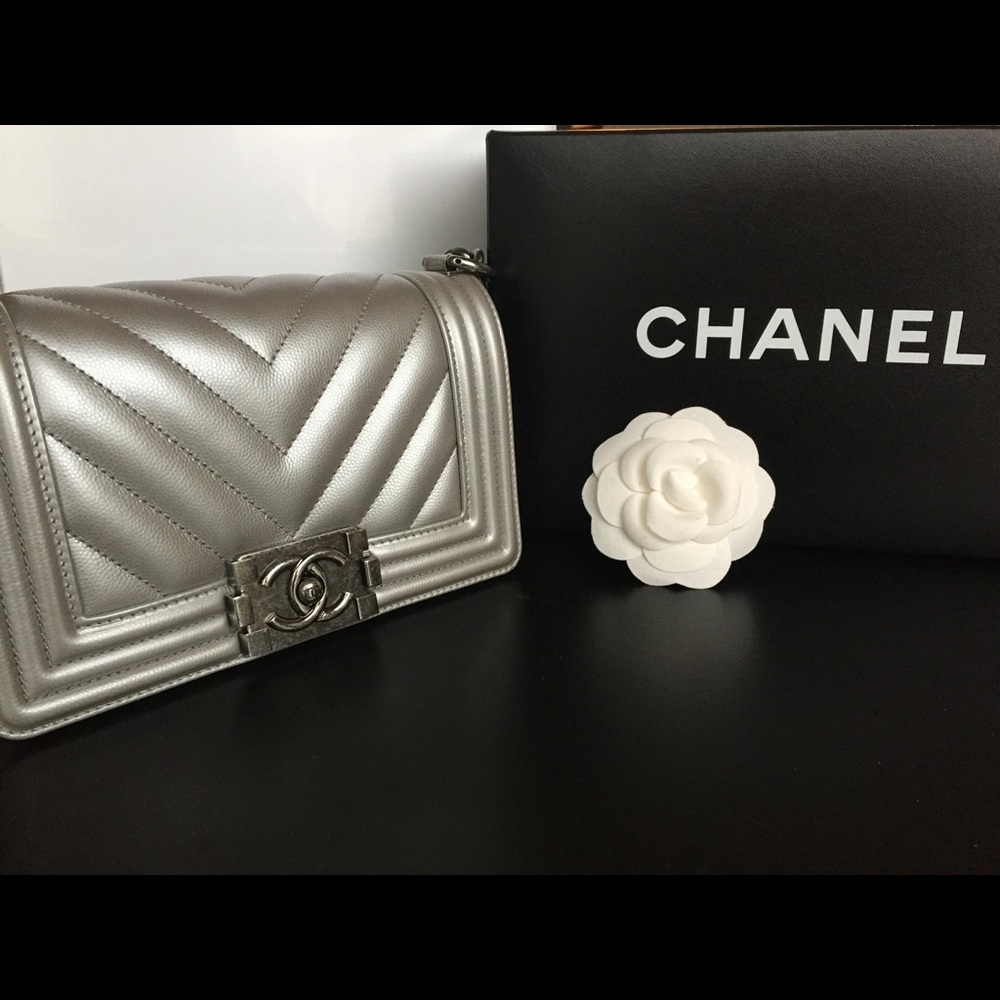 CHANEL Le Boy Small Silver Chevron Crossbody
