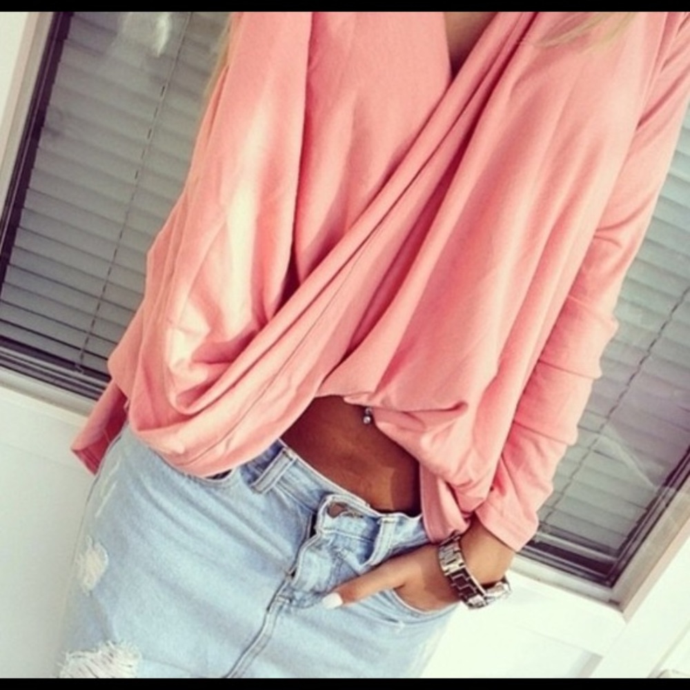 Pink V neck drape top - Picture 3 of 6