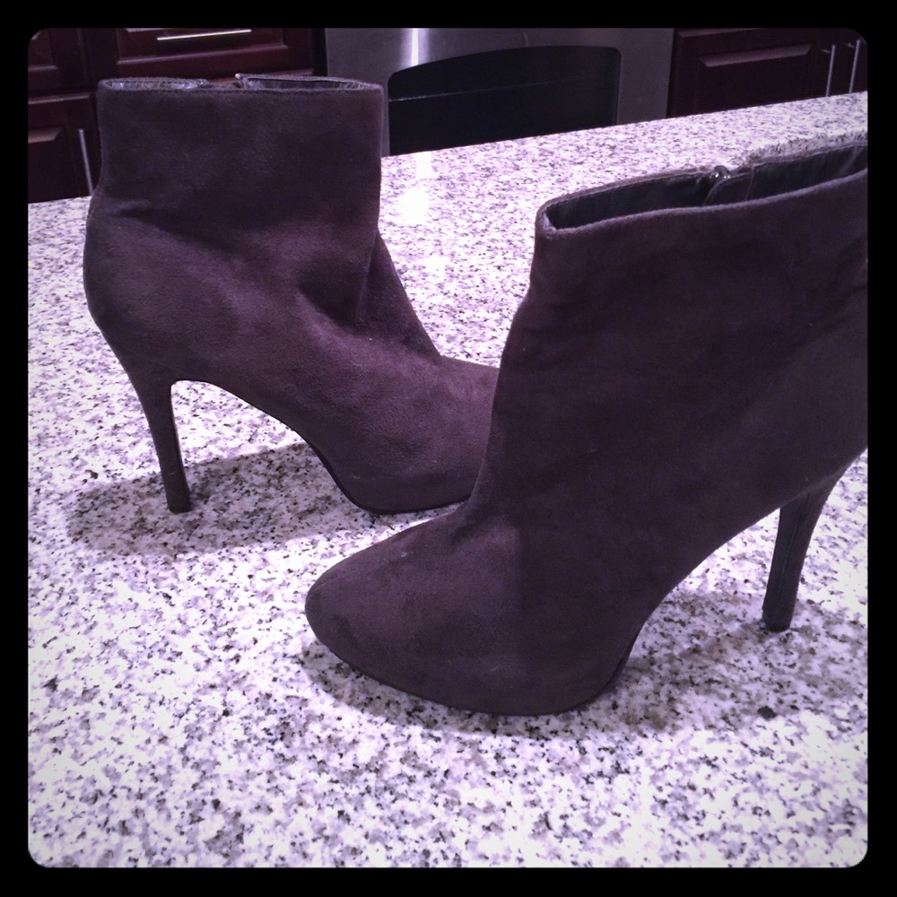 Charcoal grey suede heeled booties.