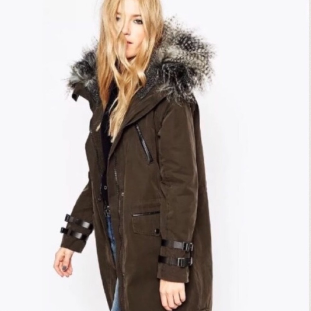 Asos Waxed Canvas Army Faux Fur Winter Parka Sz 2