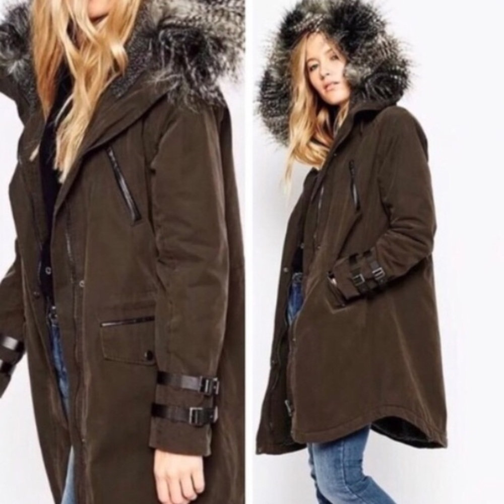 Asos Waxed Canvas Army Faux Fur Winter Parka Sz 2 - Picture 3 of 8