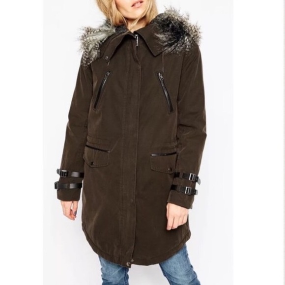 Asos Waxed Canvas Army Faux Fur Winter Parka Sz 2 - Picture 2 of 8