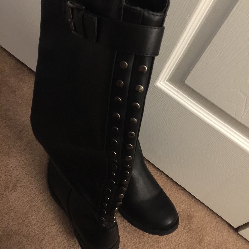 Black studded knee high boots