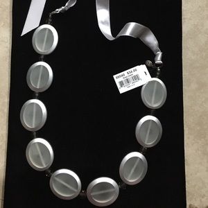 Cookie Lee Gray Oblong Glass Bead Necklace On Ribbon, Bold, Costume, Adjustable