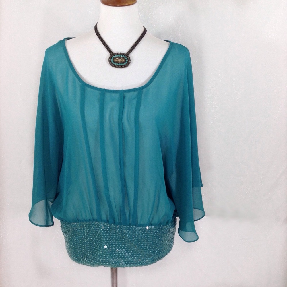 DONATED Teal Sheer Blouse with Butterfly Sleeves