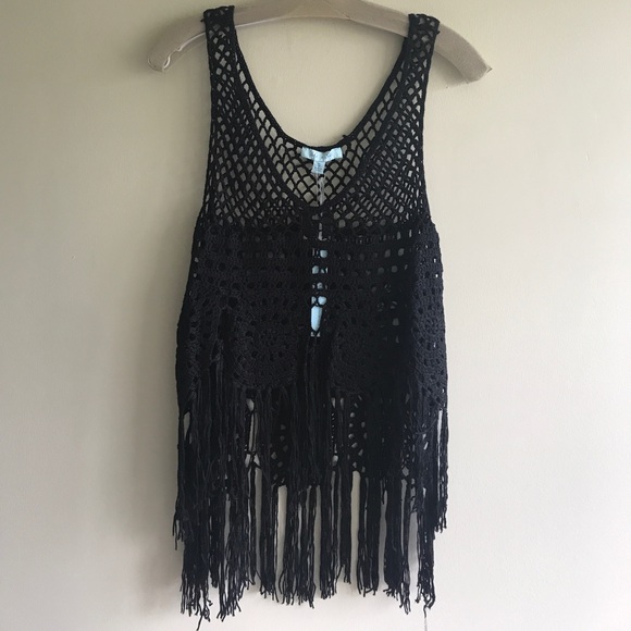 NWT Black Crochet Fringe Boho Festival Top - Picture 2 of 2