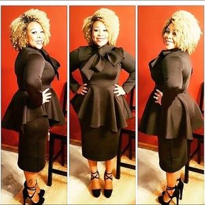 Black bodycon peplum dress w/ neck tie