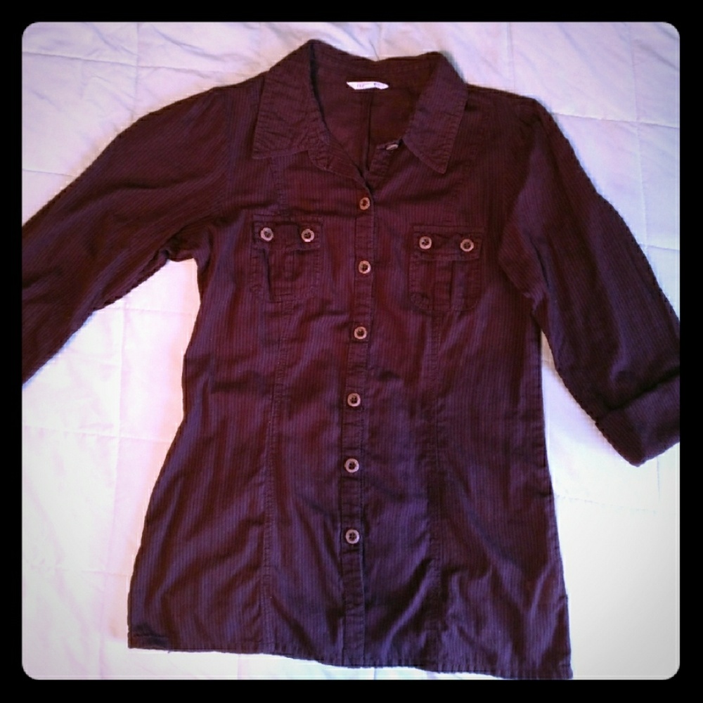 Brown button up shirt with wooden buttons