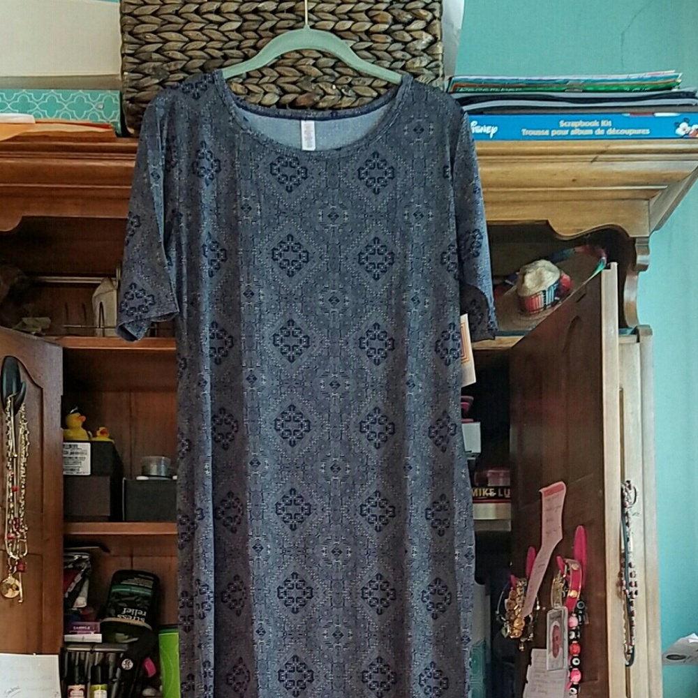 Large Lularoe Julia dress navy beige print