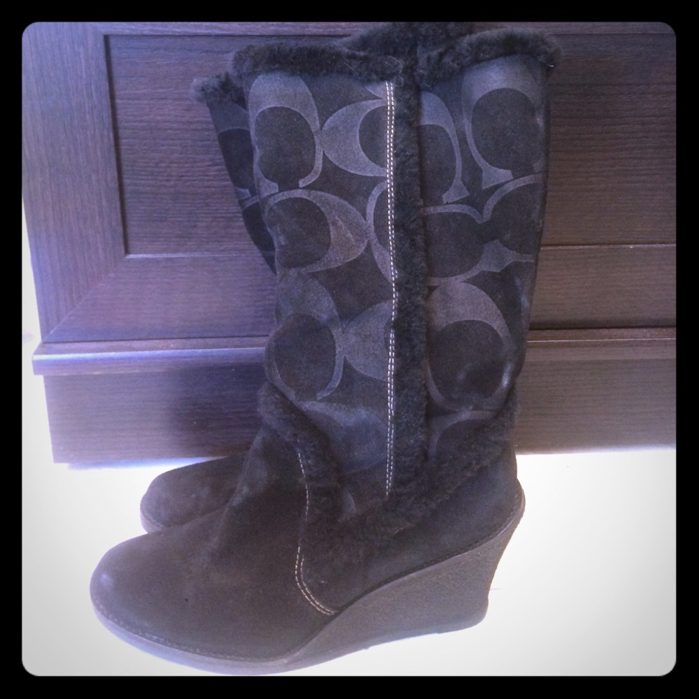 COACH ~ Black suede C C logo wedge boots!