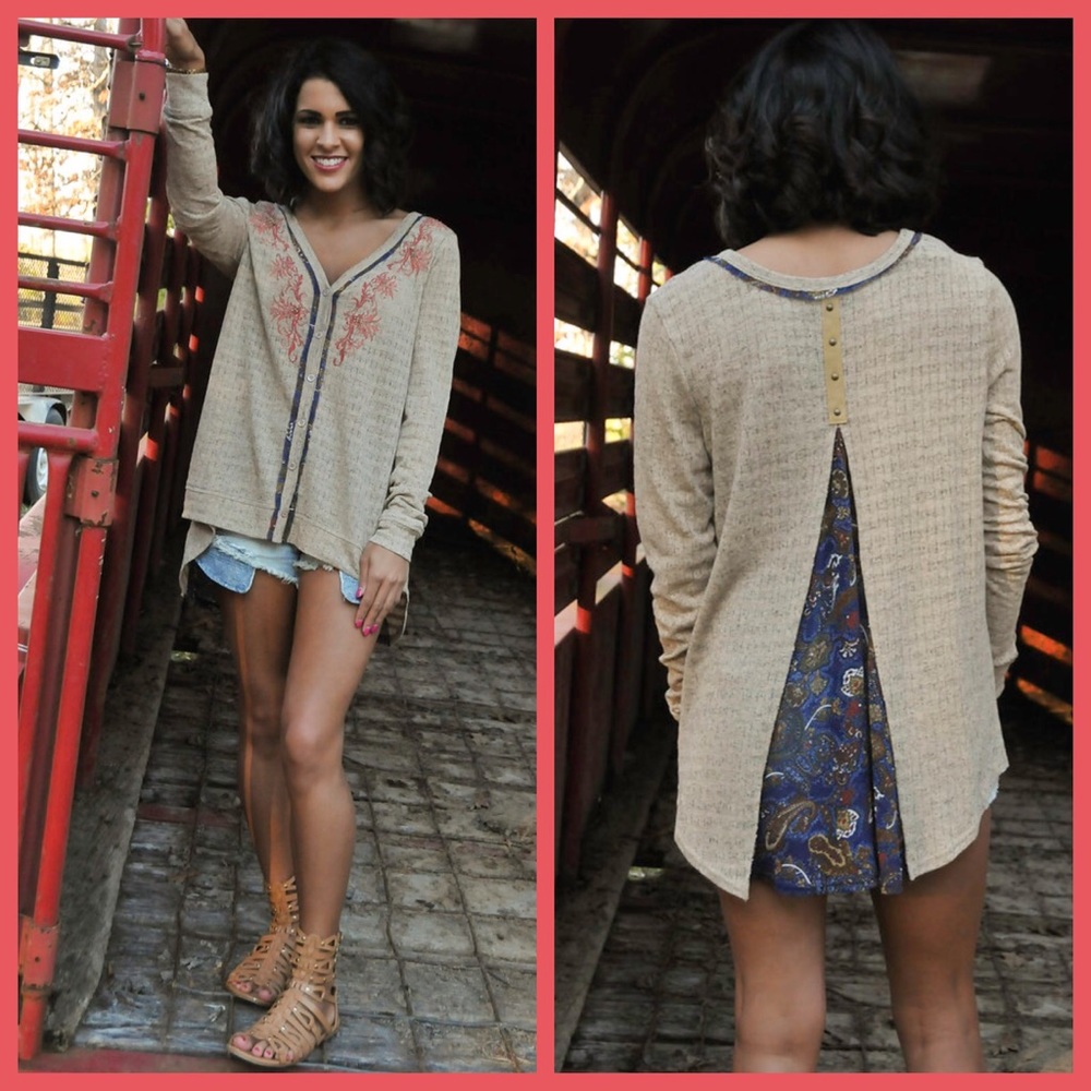 Miss Me Taupe Coral Navy Paisley High Low Cardigan