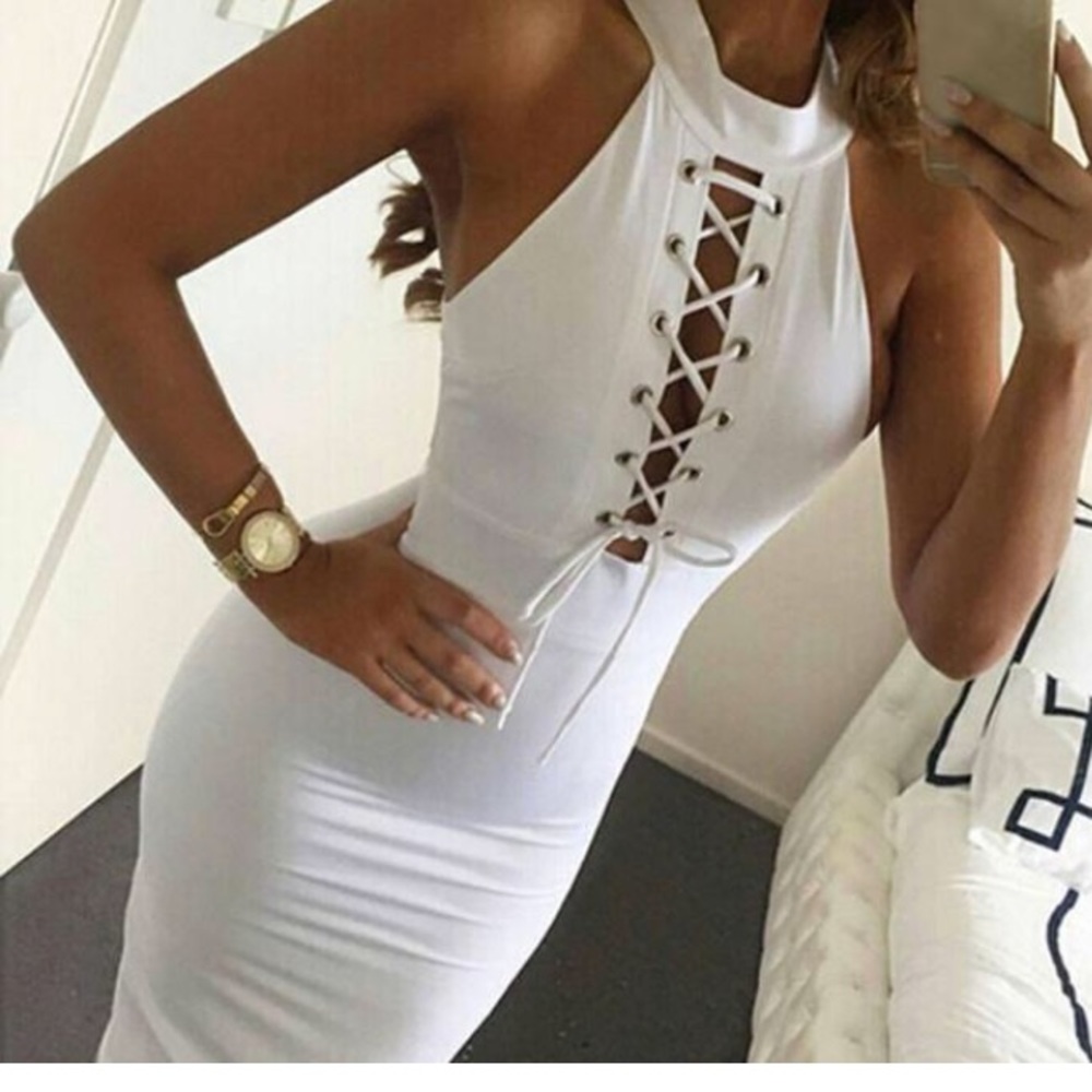 ❣️Sale was $45 down sizing❣️ VERY LAST ONE lace up mock neck midi dress