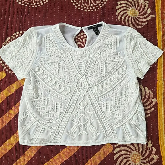 Forever 21 Tops - Forever 21 White Beaded Sheer Cropped Top M
