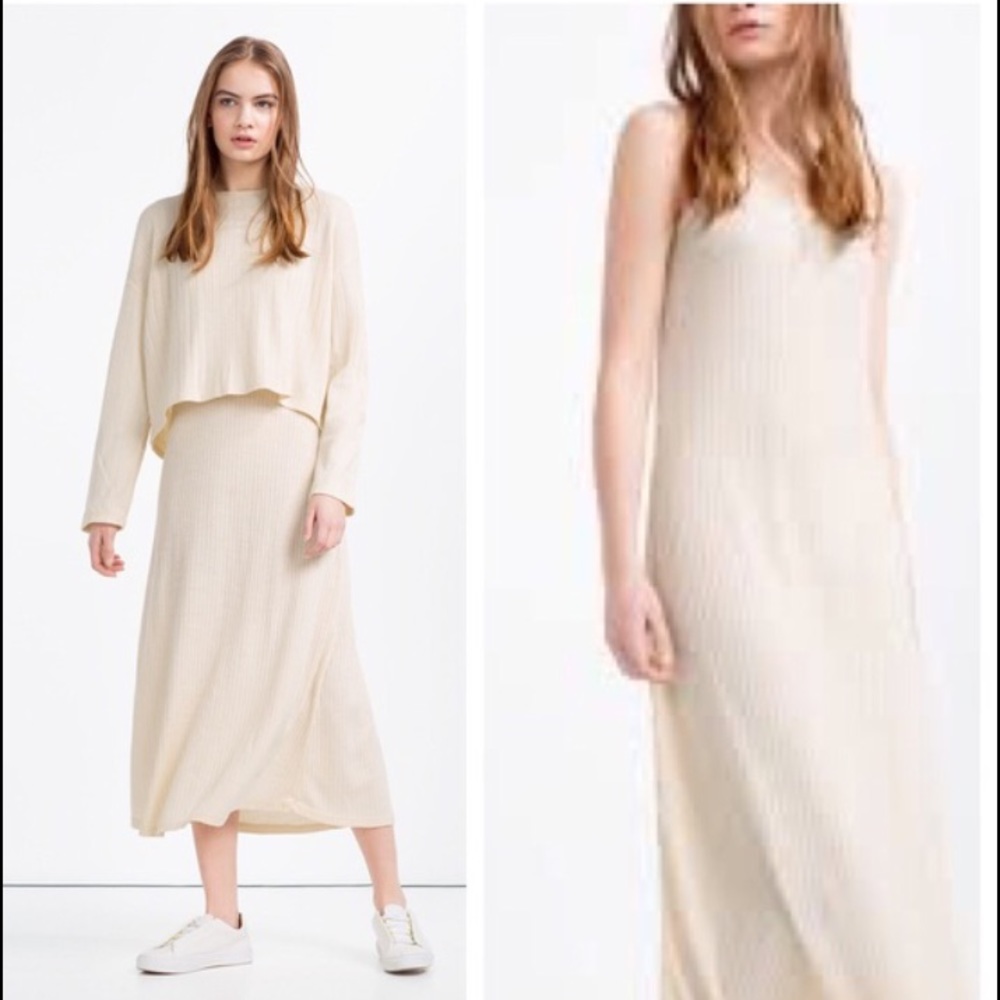 zara ribbed 2 piece dress and crop sweater set