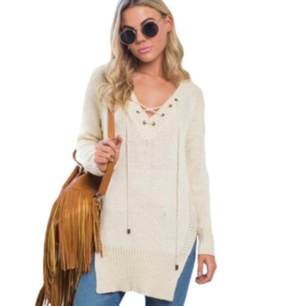 Cream or Peach Lightweight V-neck Lace Up Sweater