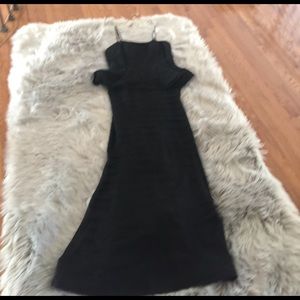 Strapless black gown.