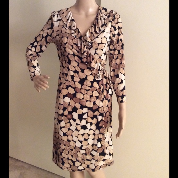 Black Brown White Pebble Print Pattern Wrap Dress - Picture 1 of 4