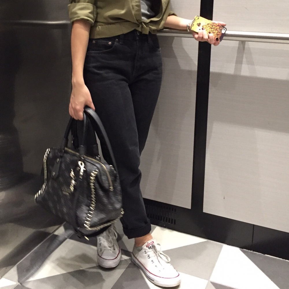 Topshop Petite Black Washed Mom Jeans