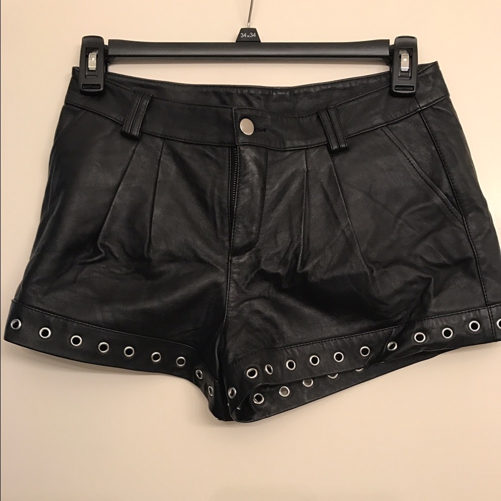 100% genuine black leather shorts