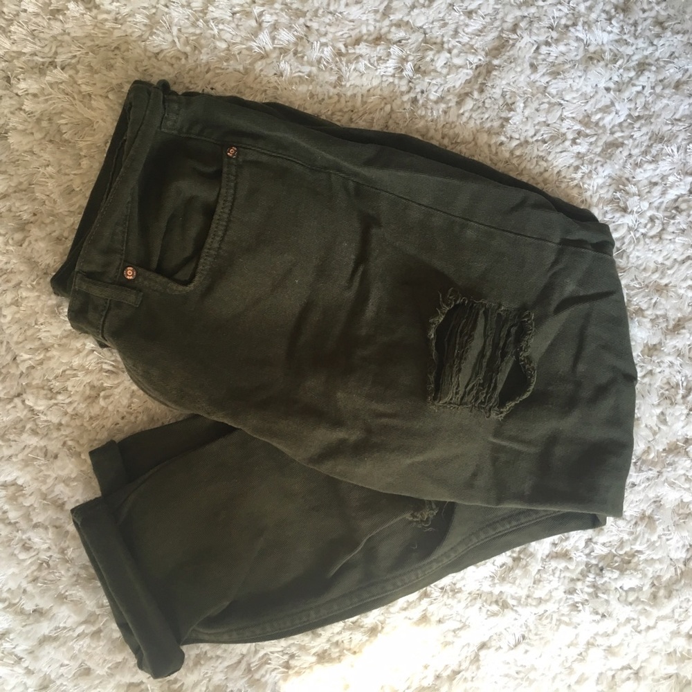 Army green distressed boyfriend jeans