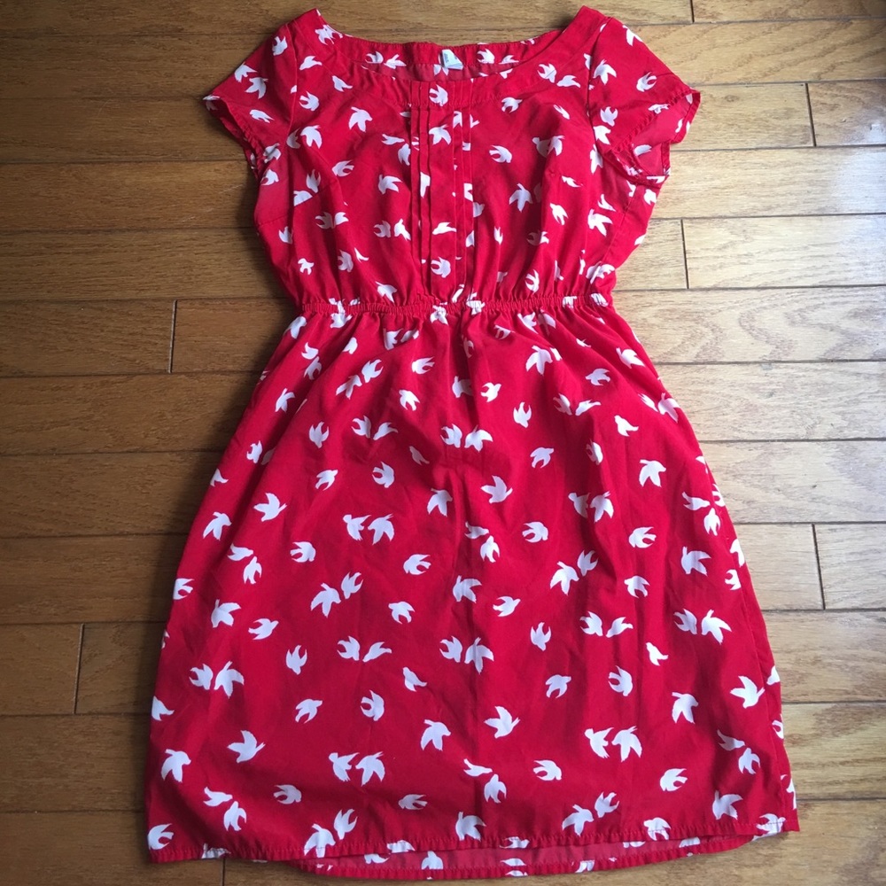 Red old navy dress with white birds.