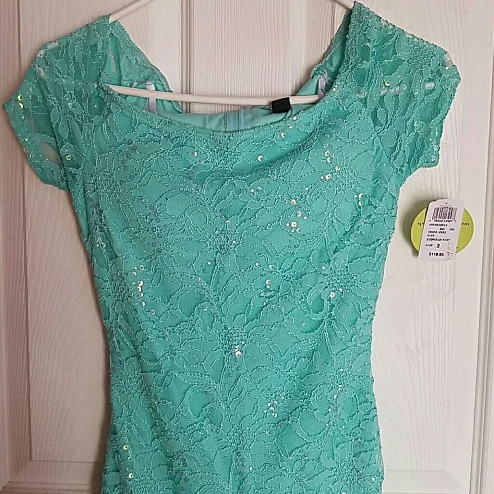 Mint lace sequin mermaid prom dress