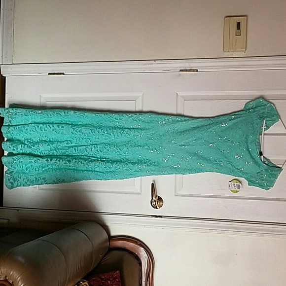 Mint lace sequin mermaid prom dress - Picture 2 of 4
