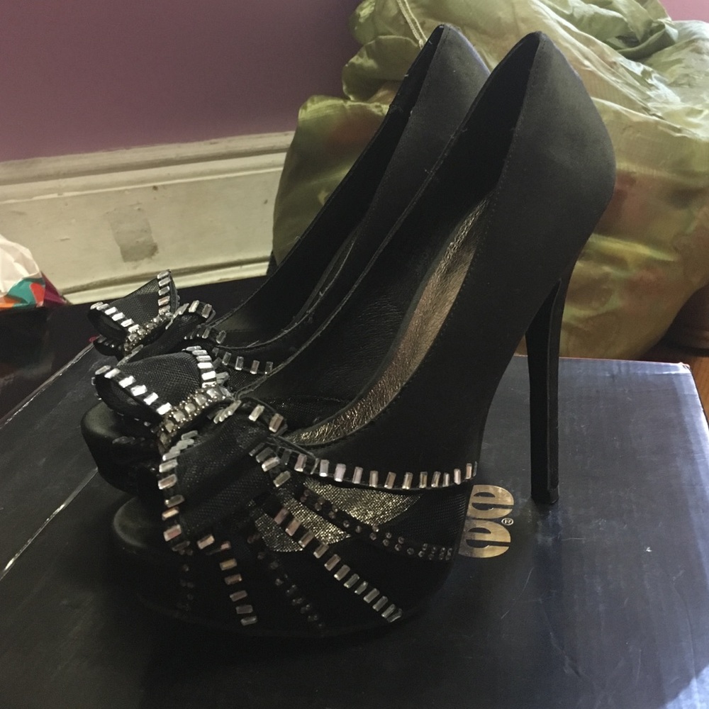 Black & Silver Bow Open Toe Heels