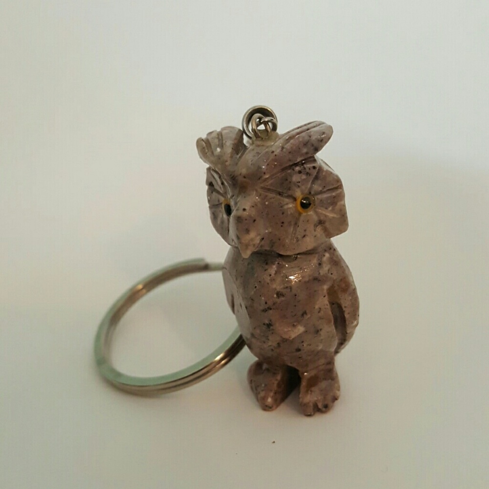 Hand Carved Owl stone keychain stone tan