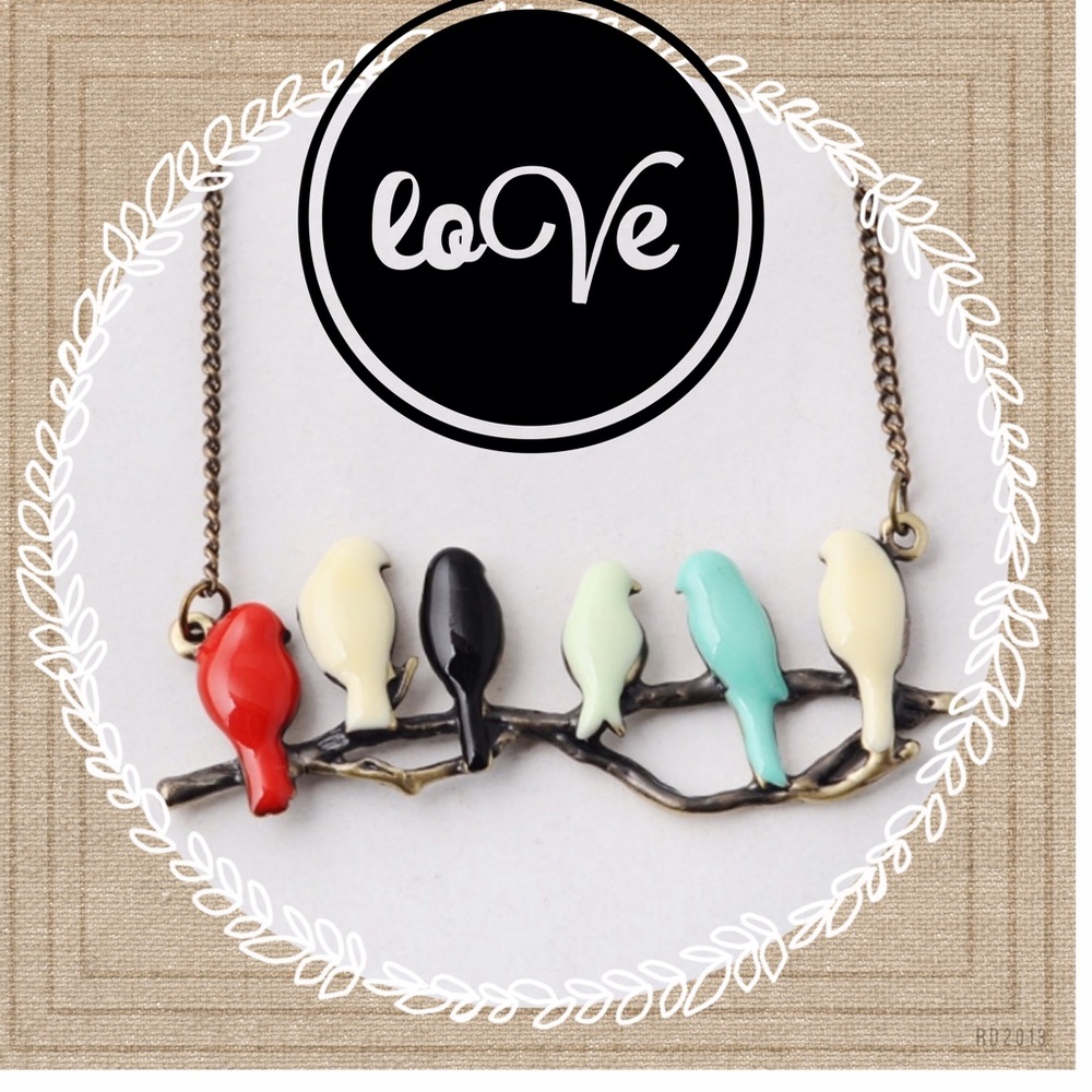 •Necklace• Birdies on Branch Aqua Bronze Boho Chic - Picture 2 of 7