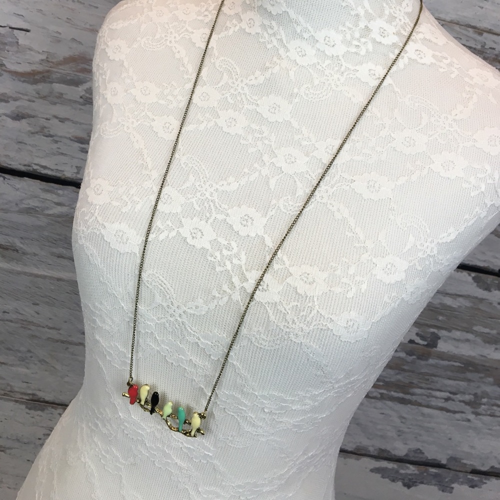 •Necklace• Birdies on Branch Aqua Bronze Boho Chic - Picture 5 of 7