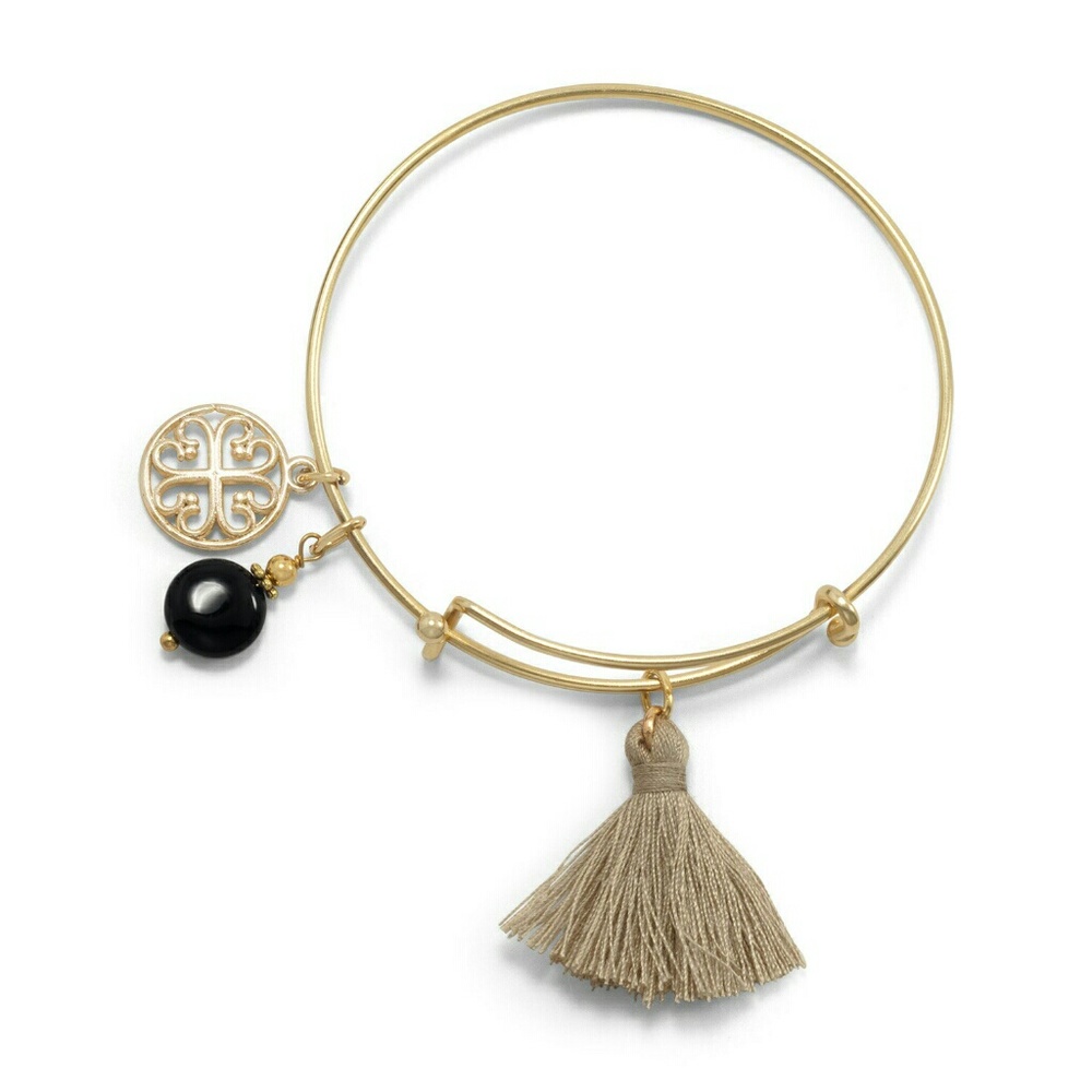 Gold Tan Tassel and Black Onyx Charm Bracelet