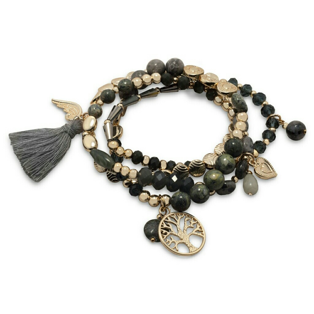 4 Gold Multicharm Stretch Bracelets with Tassel