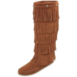 Minnetonka 5 layer fringe boots tan