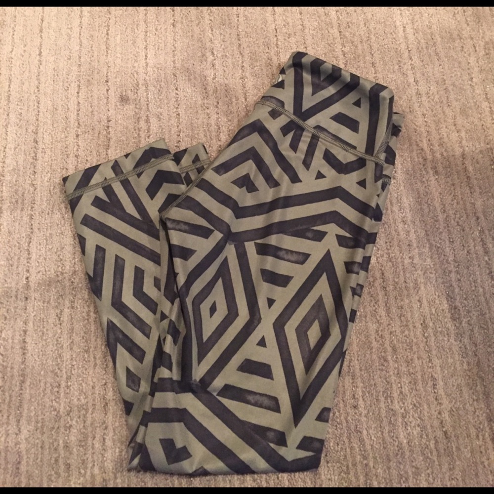 Olive green capris with black geometric pattern