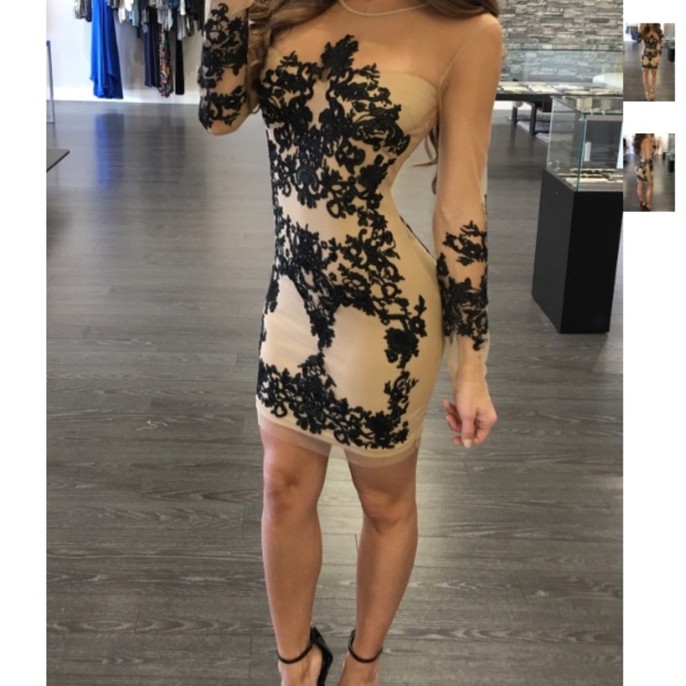 Sheer sleeve Nude dress with black appliqué. NWT